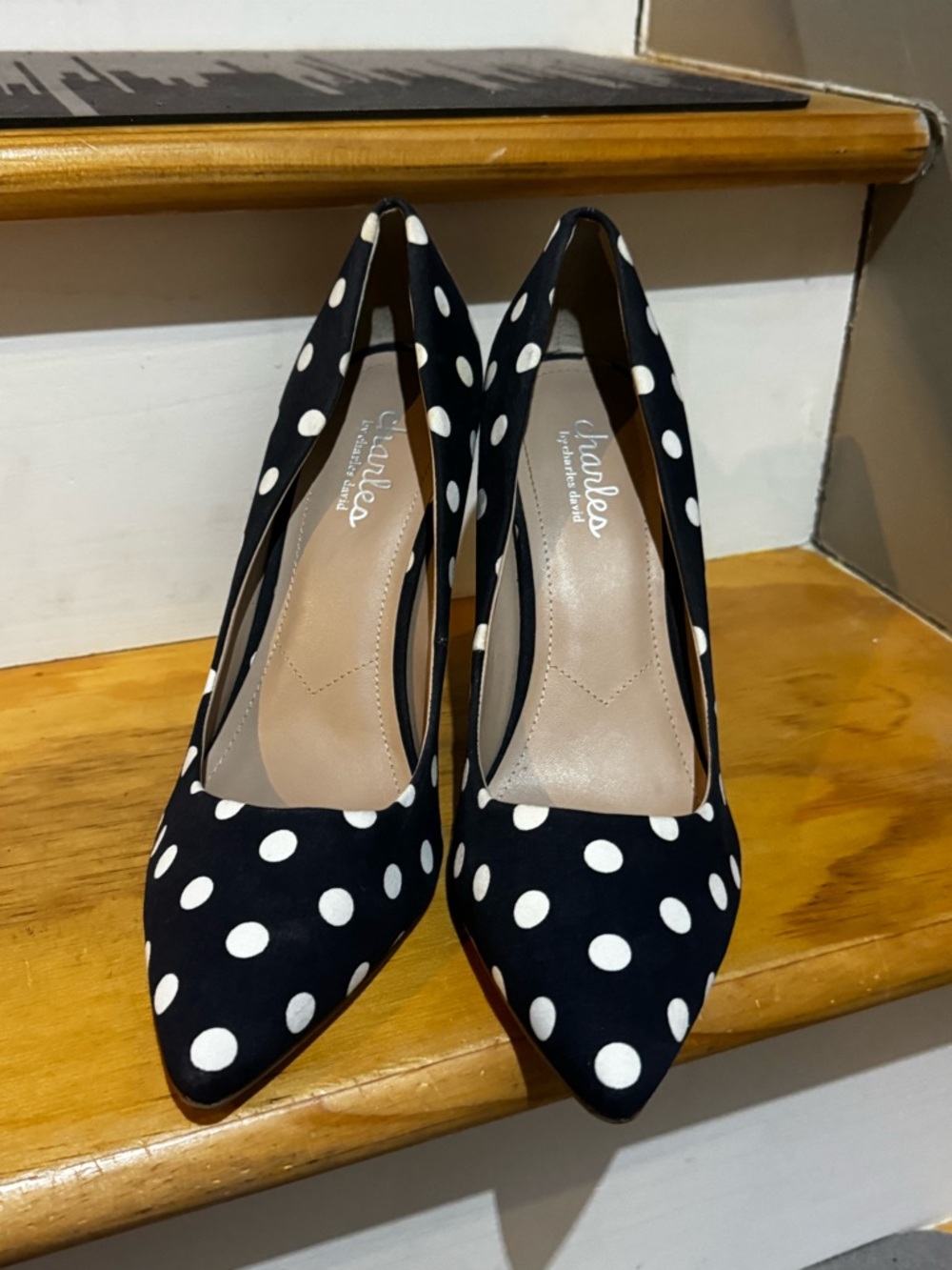 Charles By Charles David navy  and White Polka Dot Pointed-Toe Pumps size 9.5